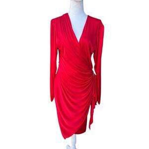 Susan Roselli Vijack Vintage 80s Red Draped Long Sleeve Midi V-Neck Dress 13/14